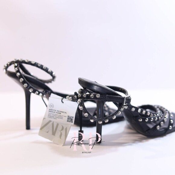 Zara black crystal rhinestone studded embellished sandal high heel Sz 37 NWT - Picture 4 of 7